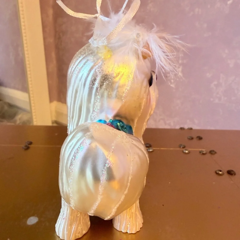 Hand Blown White Lasso Apso with a blue Dress & White Hair Bows Holiday Ornament